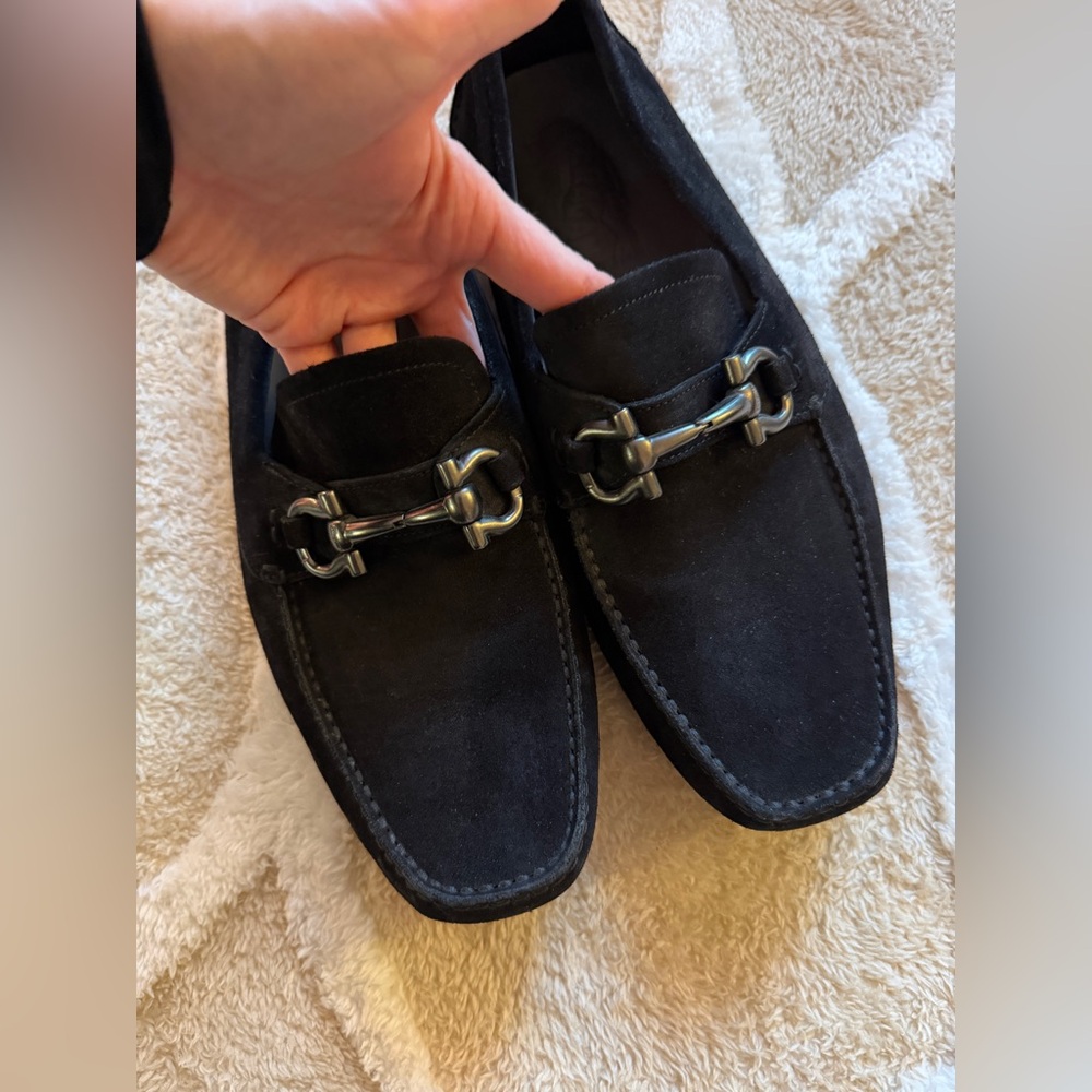 Ferragamo Men's dark navy Suede Loafers - Classic Slip-On Dress Shoes